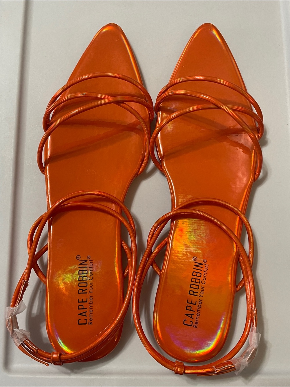 Cape Robbin Shiny Orange Strappy Pointed Sandals, Sz. 8.5 NWT super cute flats